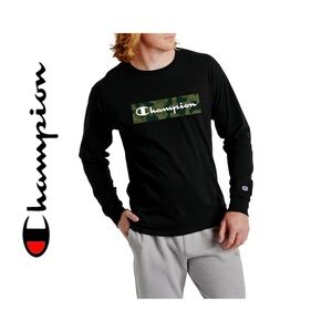 Champion Classic Jersey Long Sleeve Camo & Script Logo Tee Shirt. Black. Men’s L
